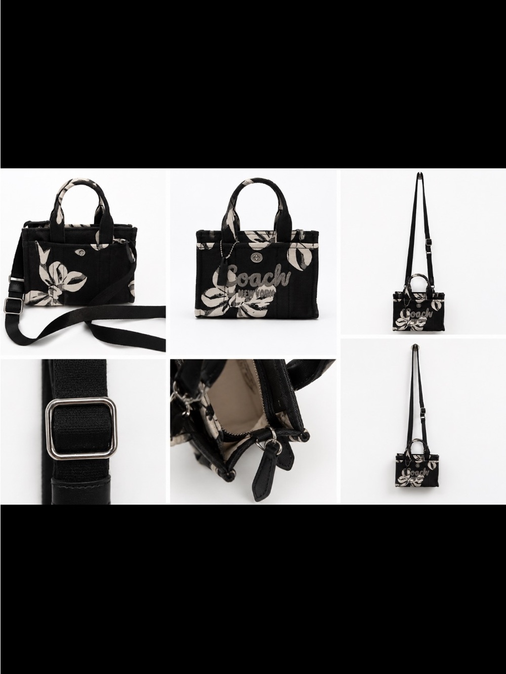 Coach Floral Canvas Mini Tote Crossbody Bag Black White Turnlock Logo - Picture 7 of 8